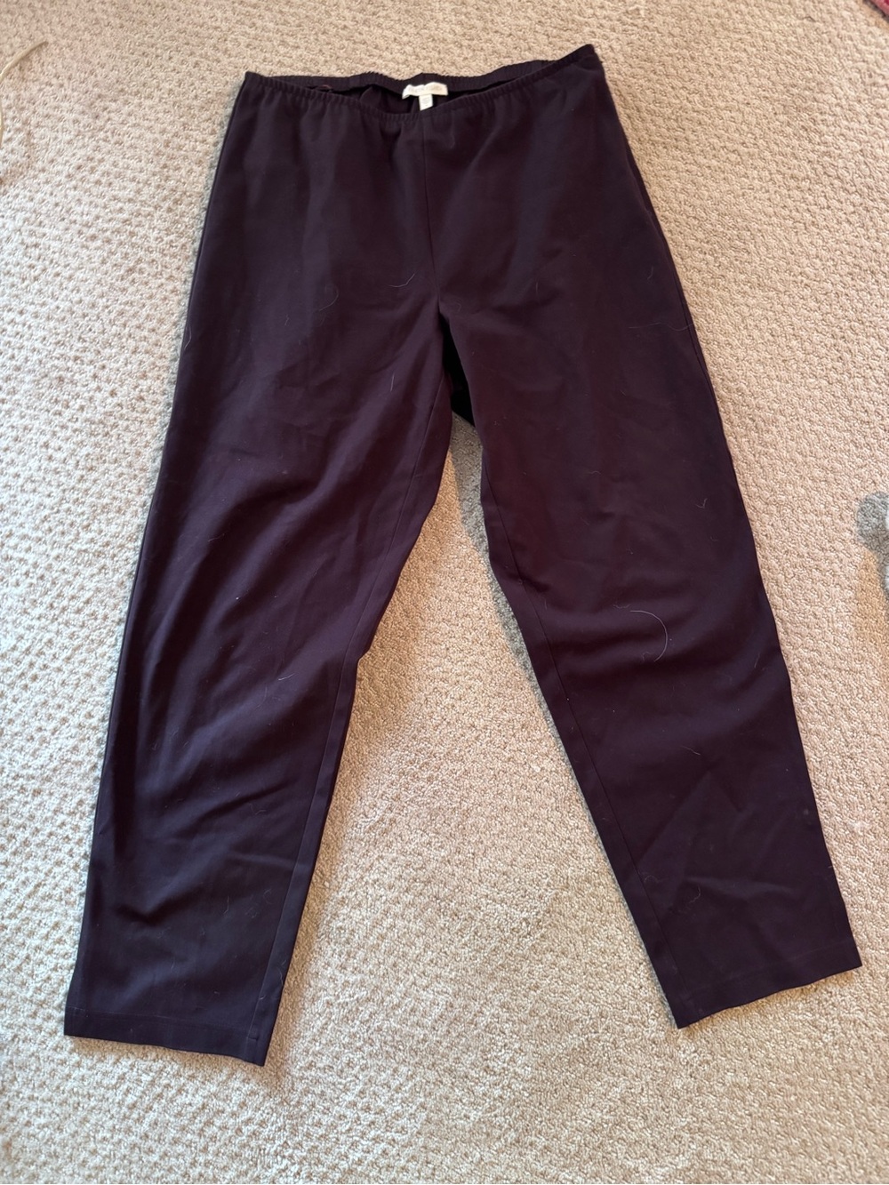 Eileen Fisher Straight-Leg Pull-On Pants in brown. Side zip.